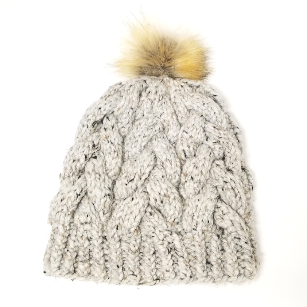 Handmade Speckled Acrylic Mohair Beanie with Faux Fur Pom & Ponytail Hole - Picture 2 of 8